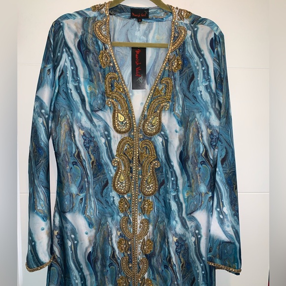 MANISH VAID- Silk Blue Pucci Island Prt. Crystal embroidered Dress Kimono-NWT M - Picture 3 of 10